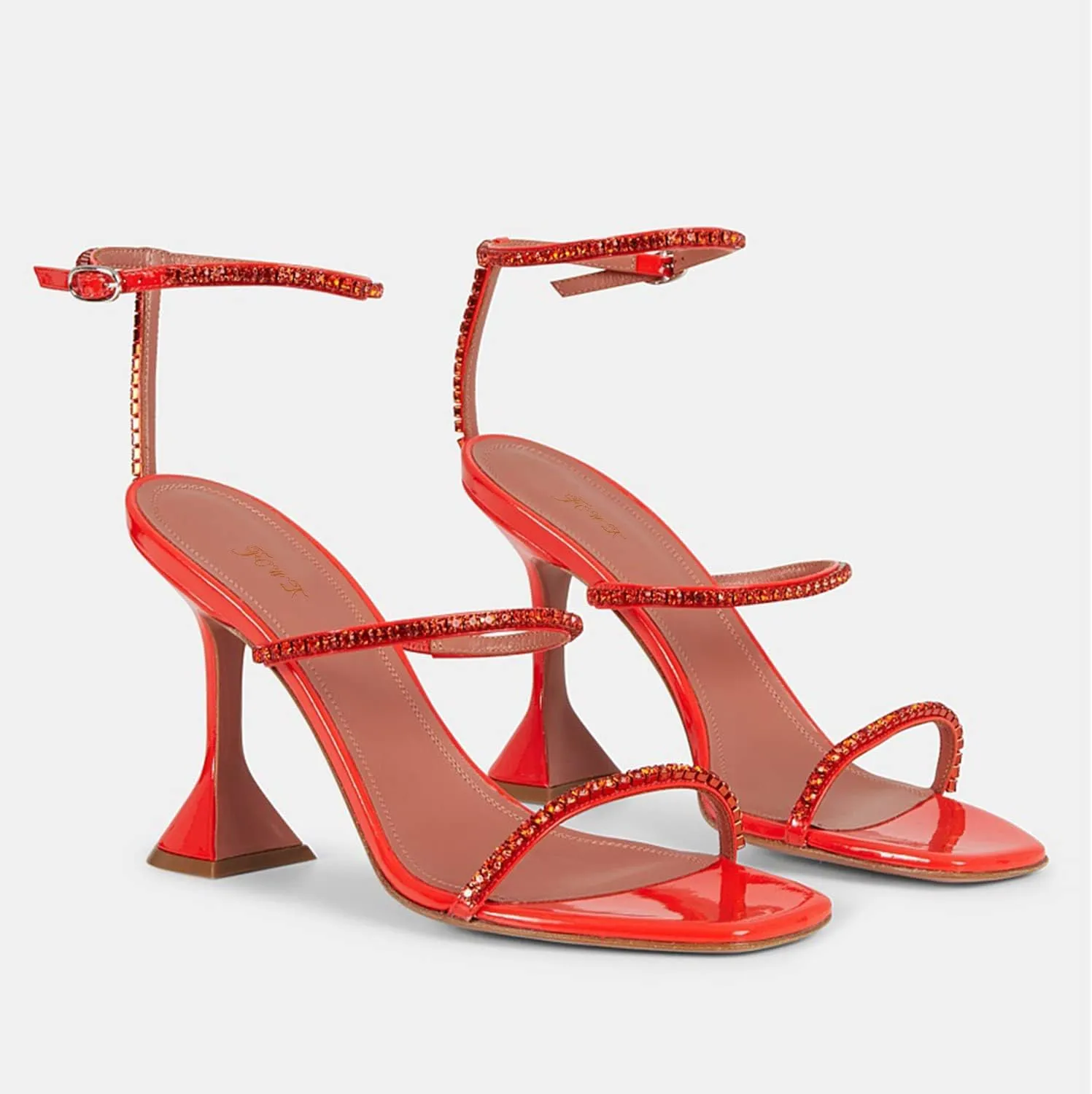 FOWT Fashion Leather Classic Square Toe Crystal Ankle Strap Flared High Heels Elegant Narrow Band Heeled Sandals Adorable 4 inches Red Pumps for Woman Dress Office Shoes, US Size 5-10 M