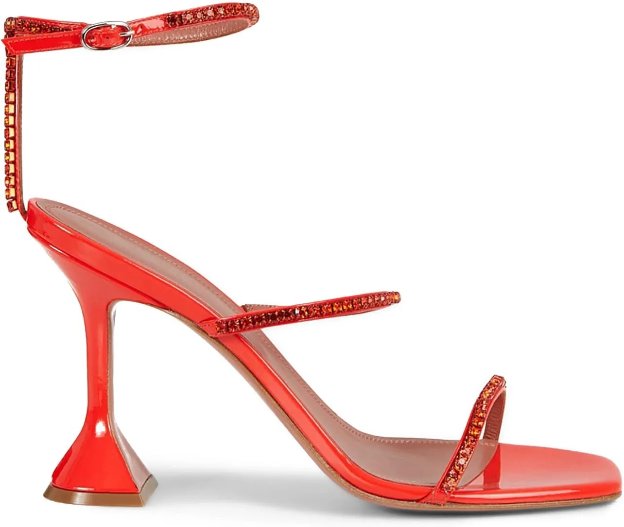 FOWT Fashion Leather Classic Square Toe Crystal Ankle Strap Flared High Heels Elegant Narrow Band Heeled Sandals Adorable 4 inches Red Pumps for Woman Dress Office Shoes, US Size 5-10 M