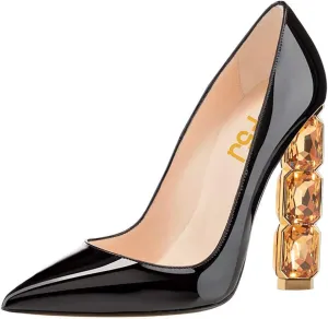 FSJ Women Jeweled High Heel Pointed Toe Pump Slip On Sparkling Crystal Bead Heel Sexy Ladies Bridal Evening Shoes Size 4-15 US