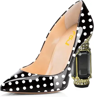 FSJ Women Printing Pump Chunky High Crystal Heels Pump Colorful Closed Pointed Toe Bridal Party Dress Shoe Size 4-15 US