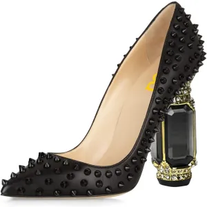 FSJ Women Sexy Studded Rivets Crystal Chunky High Heel Pumps Classic Closed Pointed Toe Slip On Basic Spikes Heel Ladies Party Wedding Shoes Size 4-16 US