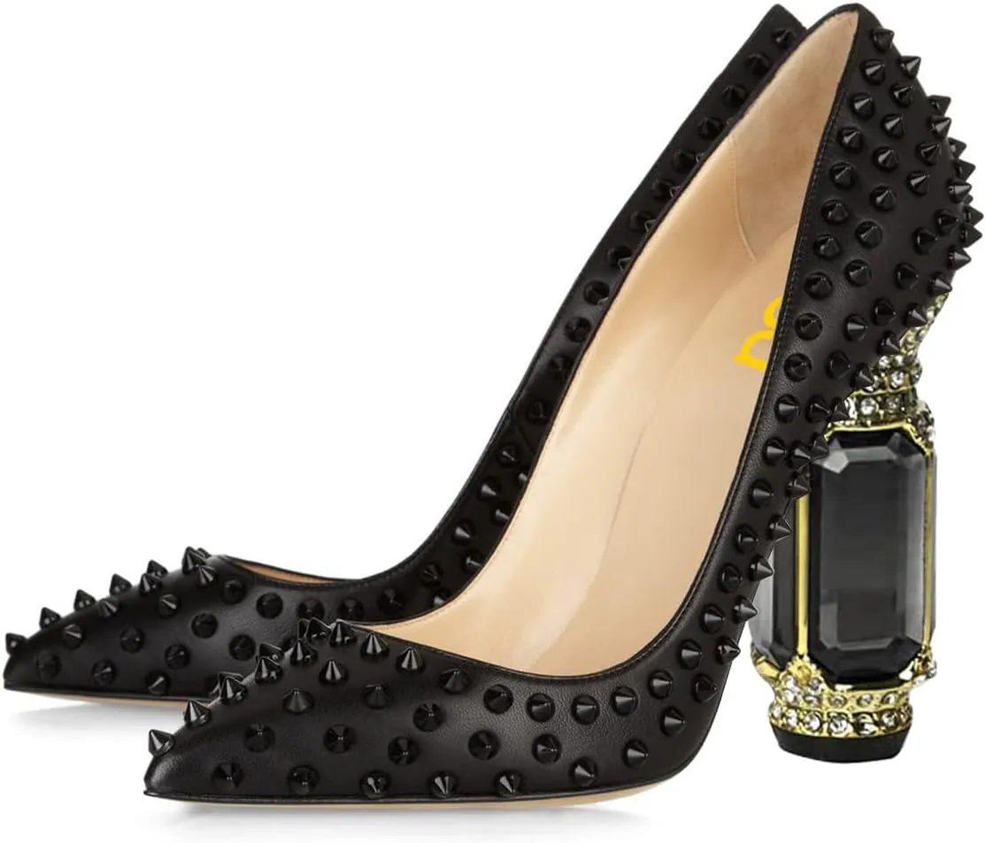 FSJ Women Sexy Studded Rivets Crystal Chunky High Heel Pumps Classic Closed Pointed Toe Slip On Basic Spikes Heel Ladies Party Wedding Shoes Size 4-16 US