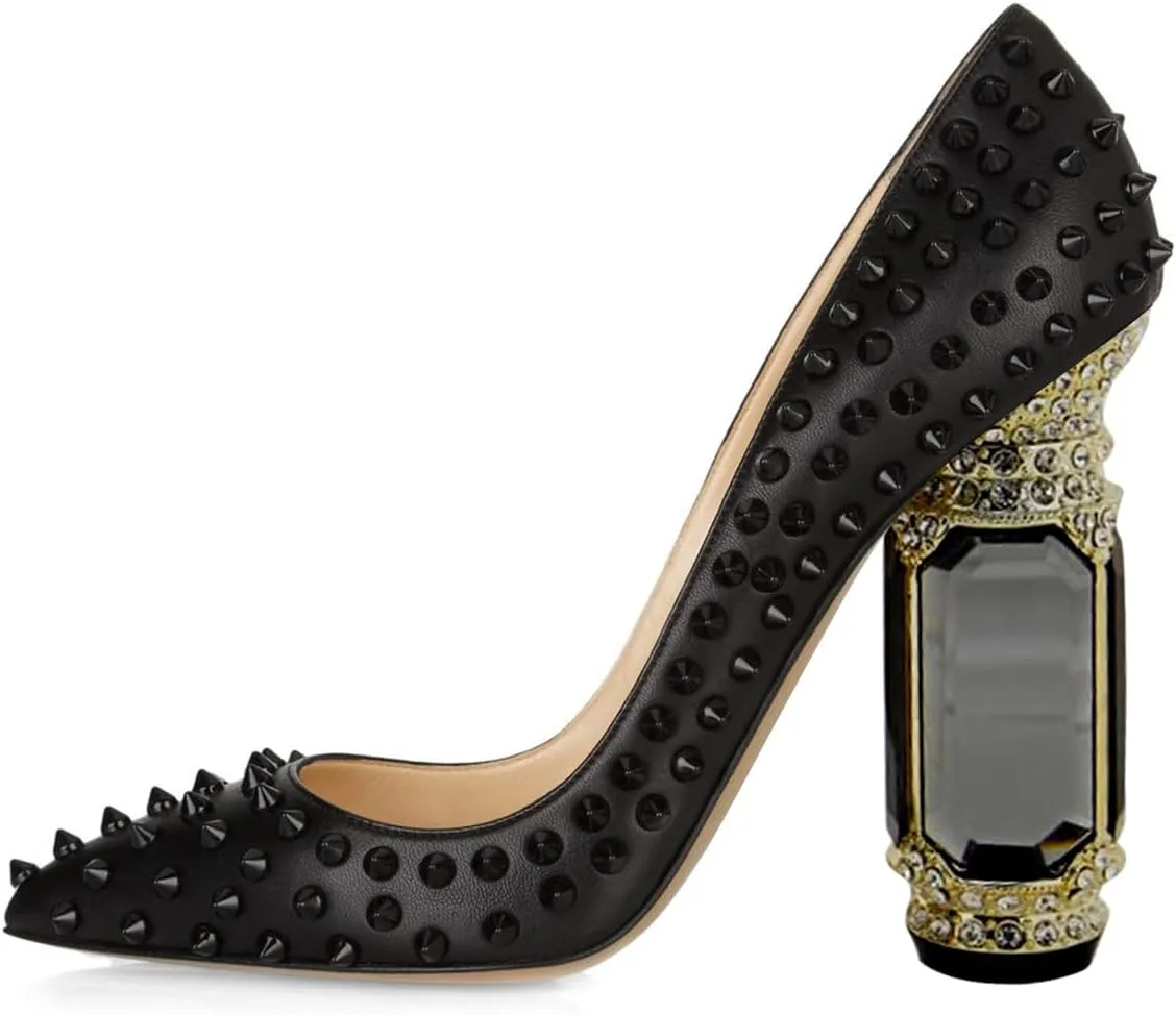 FSJ Women Sexy Studded Rivets Crystal Chunky High Heel Pumps Classic Closed Pointed Toe Slip On Basic Spikes Heel Ladies Party Wedding Shoes Size 4-16 US