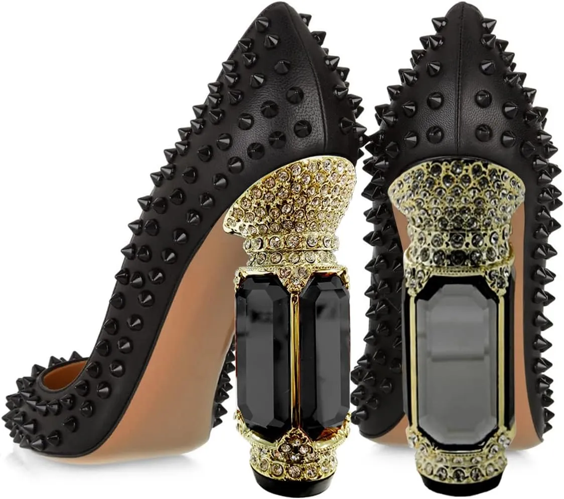 FSJ Women Sexy Studded Rivets Crystal Chunky High Heel Pumps Classic Closed Pointed Toe Slip On Basic Spikes Heel Ladies Party Wedding Shoes Size 4-16 US