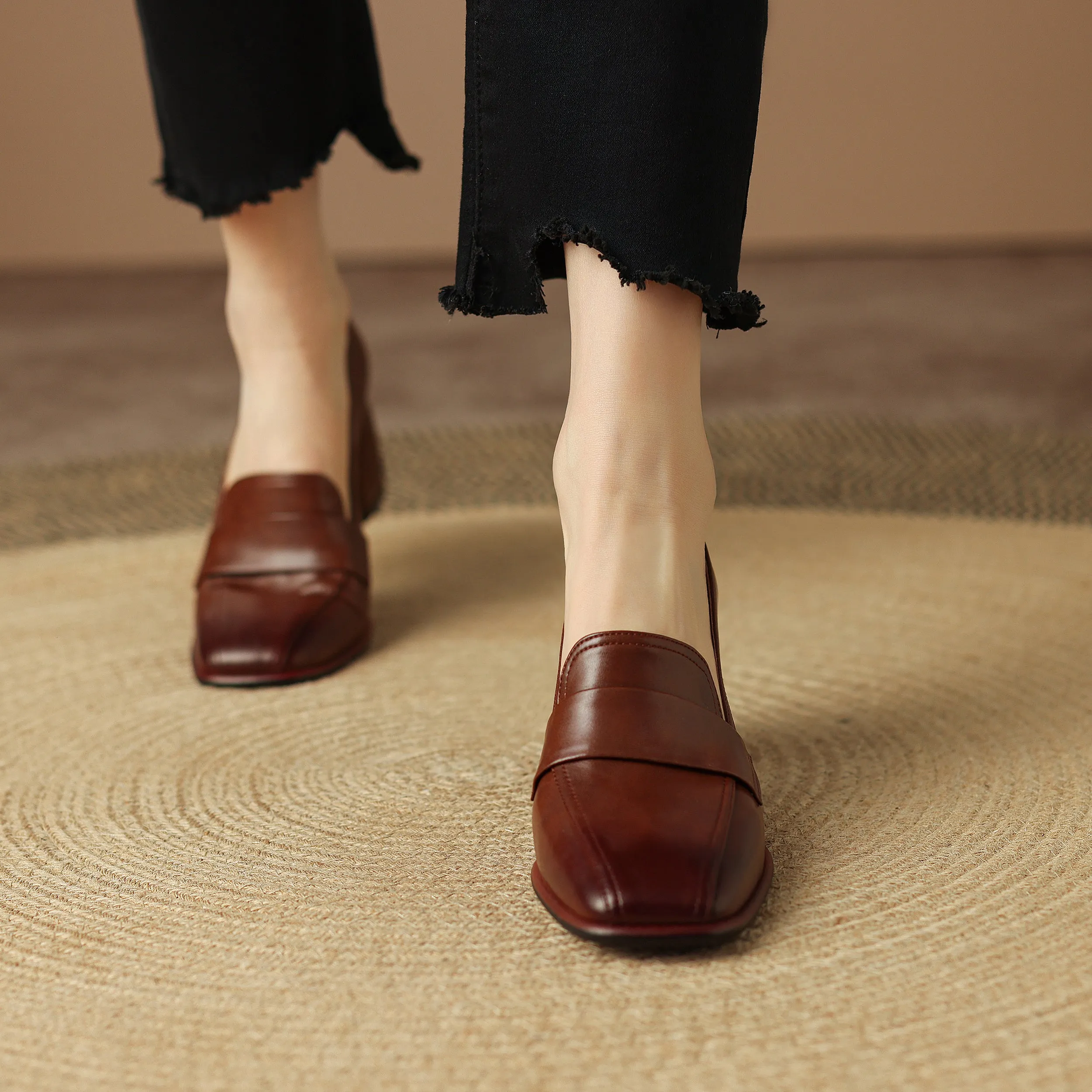 Genuine Leather Handmade Block Heels Slip-on Dress Loafers Women's Shoes