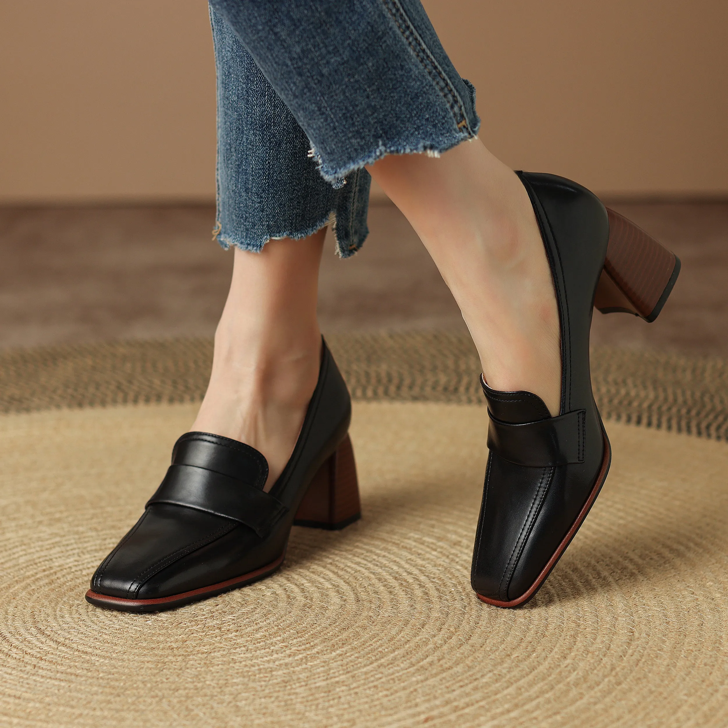 Genuine Leather Handmade Block Heels Slip-on Dress Loafers Women's Shoes