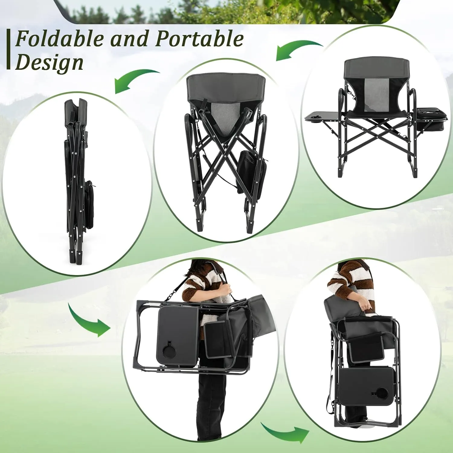 Giantex Camping Chair with Side Table, Storage Pocket, Cooler Bag, Shoulder Strap, Handle, Support 400 Lbs, Folding Directors Chair for Artist Makeup Lawn Fishing Picnic, Black