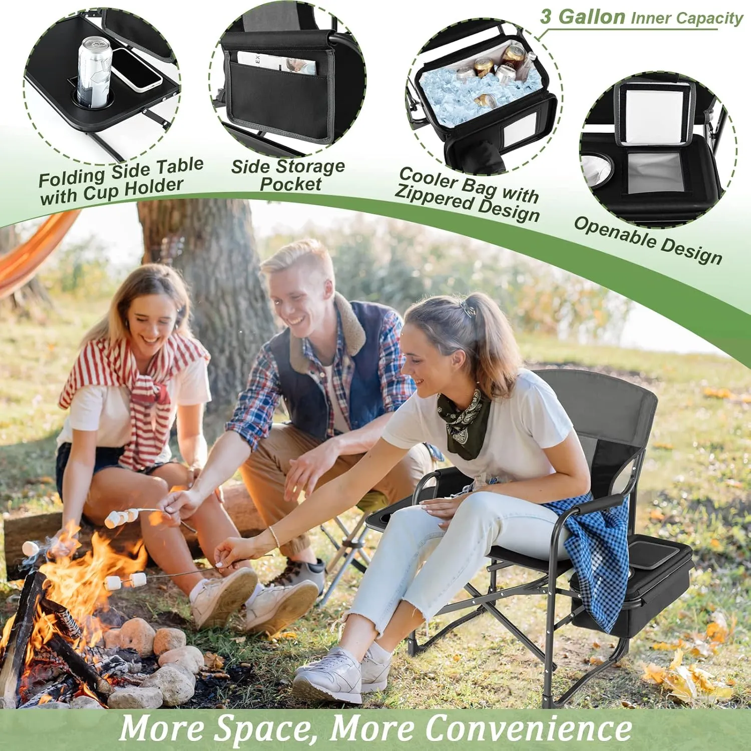 Giantex Camping Chair with Side Table, Storage Pocket, Cooler Bag, Shoulder Strap, Handle, Support 400 Lbs, Folding Directors Chair for Artist Makeup Lawn Fishing Picnic, Black