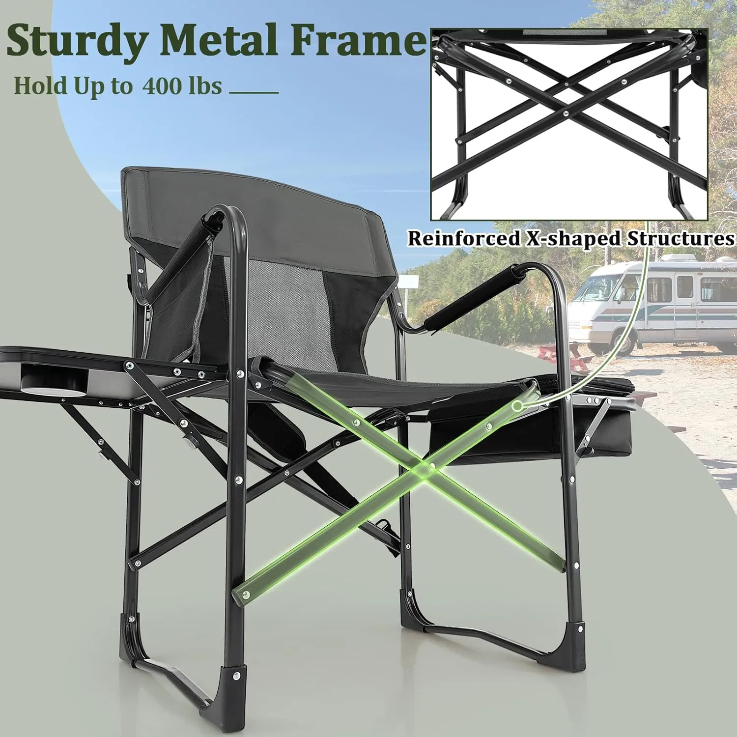 Giantex Camping Chair with Side Table, Storage Pocket, Cooler Bag, Shoulder Strap, Handle, Support 400 Lbs, Folding Directors Chair for Artist Makeup Lawn Fishing Picnic, Black