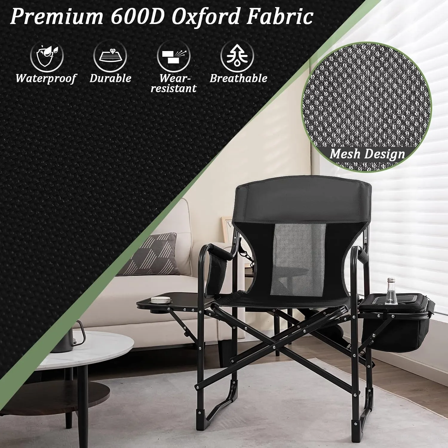 Giantex Camping Chair with Side Table, Storage Pocket, Cooler Bag, Shoulder Strap, Handle, Support 400 Lbs, Folding Directors Chair for Artist Makeup Lawn Fishing Picnic, Black