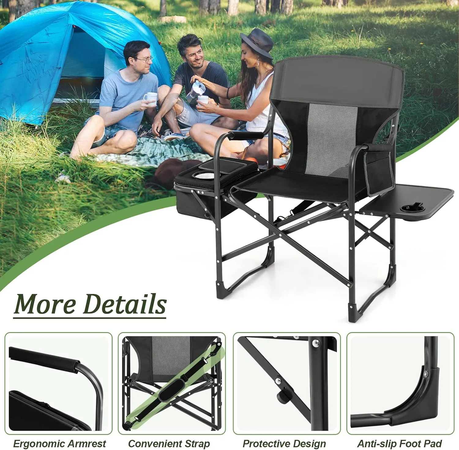 Giantex Camping Chair with Side Table, Storage Pocket, Cooler Bag, Shoulder Strap, Handle, Support 400 Lbs, Folding Directors Chair for Artist Makeup Lawn Fishing Picnic, Black