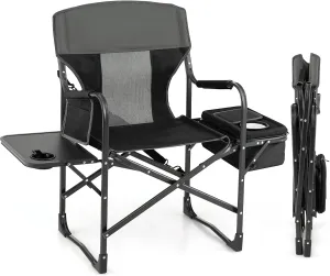 Giantex Camping Chair with Side Table, Storage Pocket, Cooler Bag, Shoulder Strap, Handle, Support 400 Lbs, Folding Directors Chair for Artist Makeup Lawn Fishing Picnic, Black