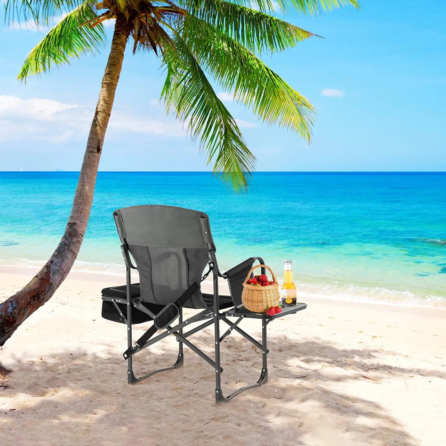 Giantex Camping Chair with Side Table, Storage Pocket, Cooler Bag, Shoulder Strap, Handle, Support 400 Lbs, Folding Directors Chair for Artist Makeup Lawn Fishing Picnic, Black