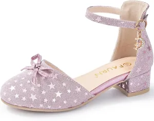 Girls Dress Shoes Closed Toe Heels Bowknot Ankle Strap Flower Pump Shoes Party Wedding School Sandals for Toddler Little Big Kid