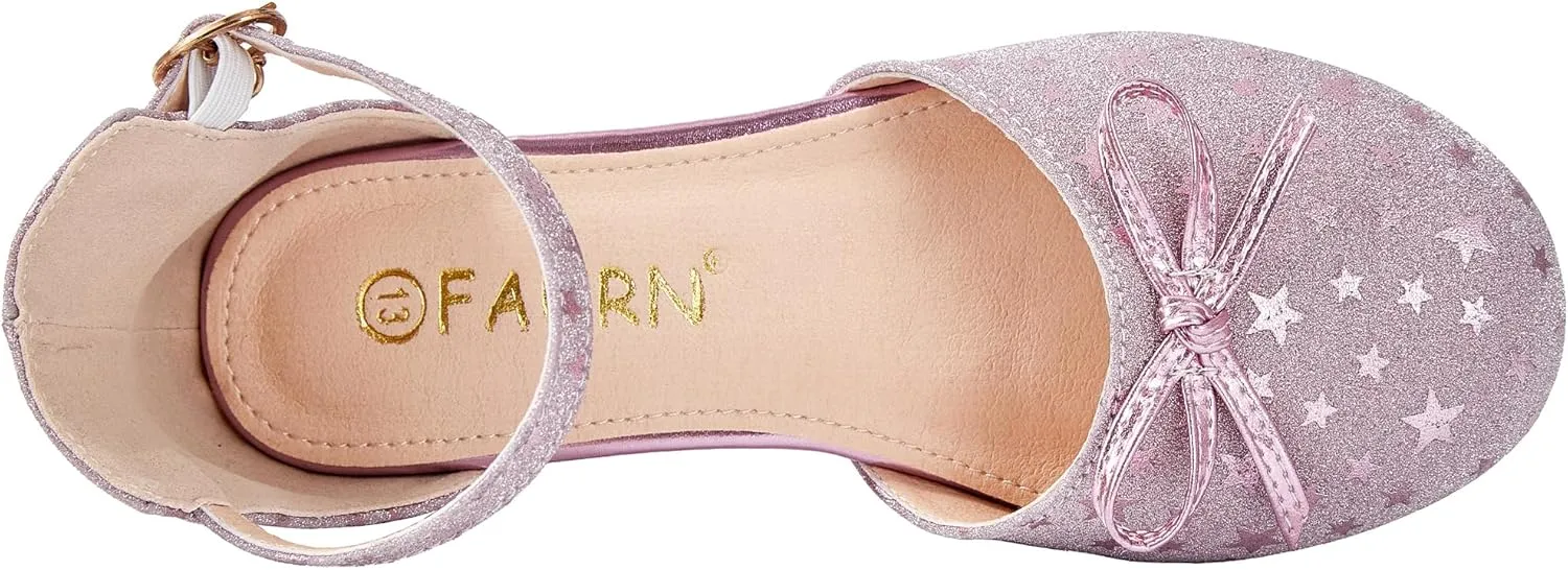 Girls Dress Shoes Closed Toe Heels Bowknot Ankle Strap Flower Pump Shoes Party Wedding School Sandals for Toddler Little Big Kid