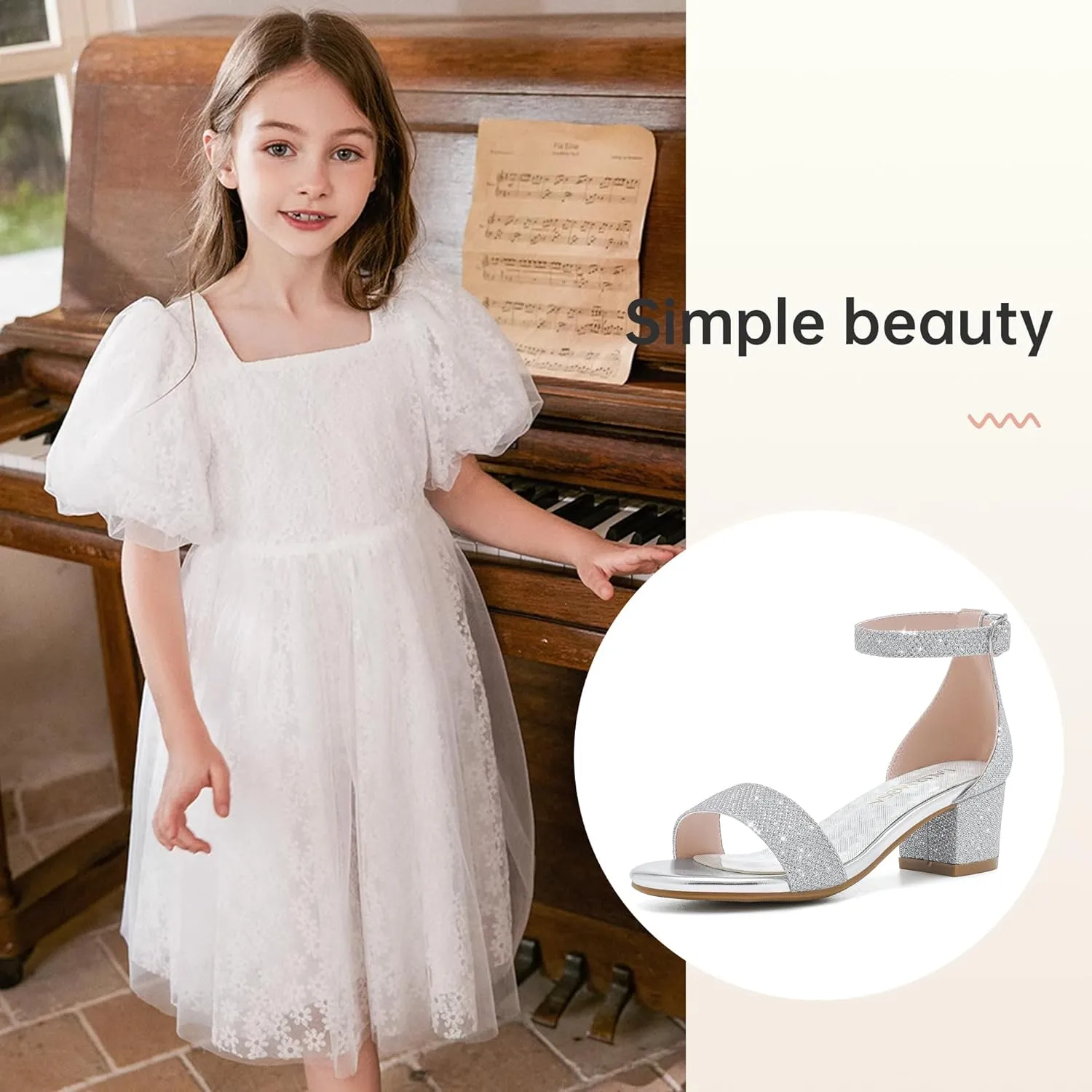 Girls High Heels Sandal for Girls Open Toe Ankle Buckle Strap Dress Shoes for Little Big Kids in Wedding Party Block Chunky Pump Sandals