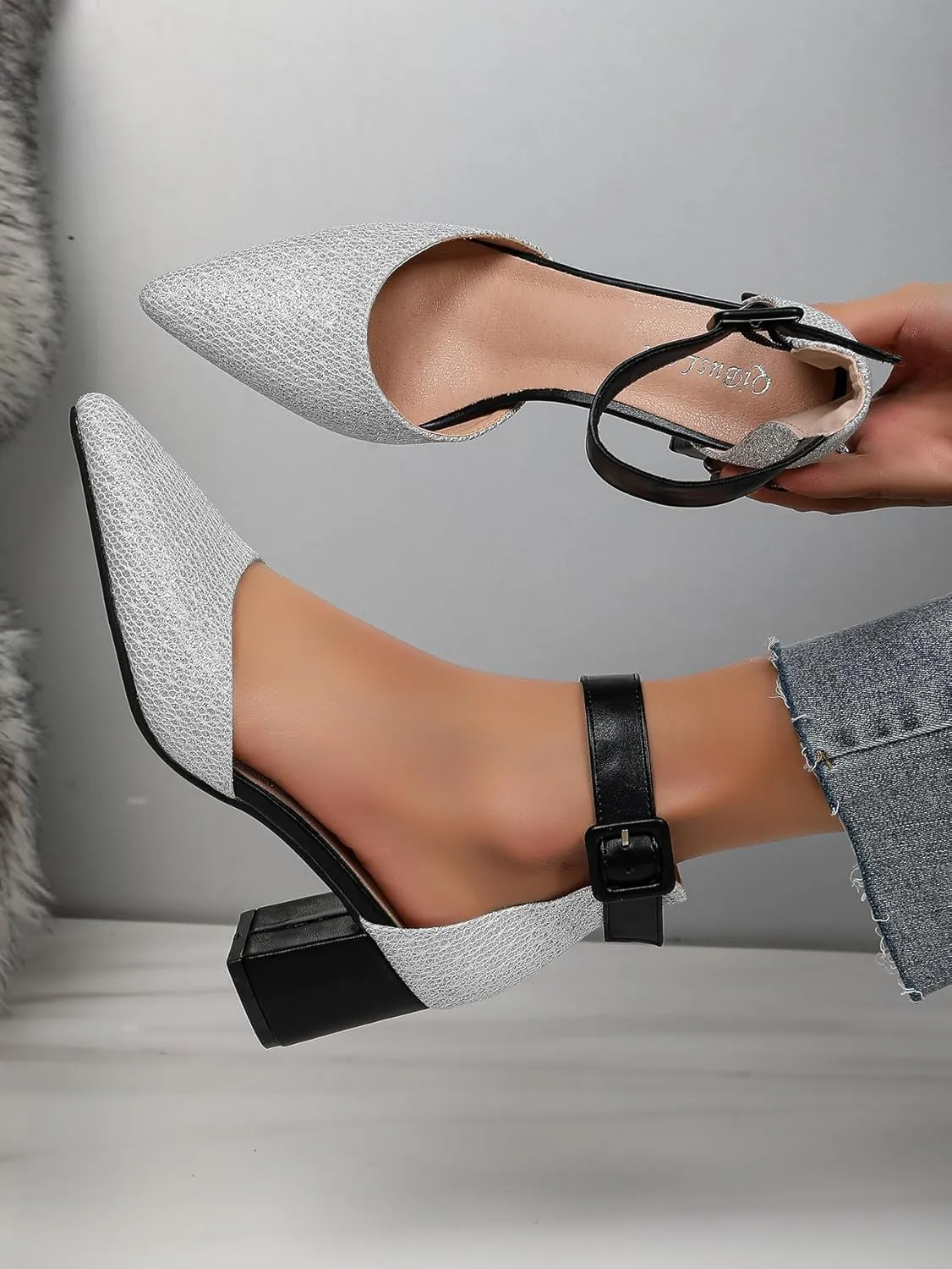 Gold Silver Dress Block Heels for Women Glitter Wedding Shoes for Bride Womens Two Tone Party Dressy Ankle Strap Pumps Closed Pointed Toe Low Thick Sandal Heels