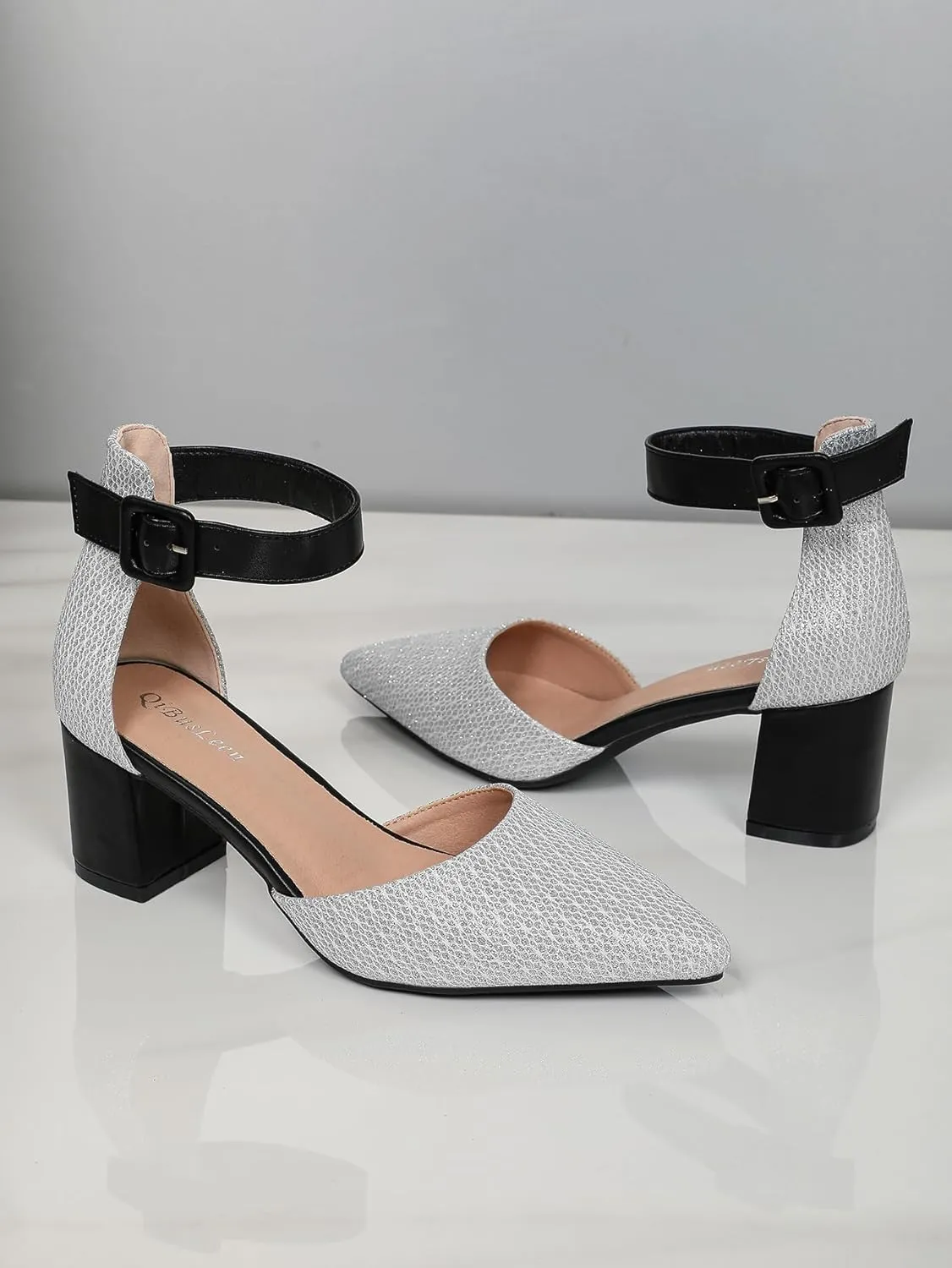 Gold Silver Dress Block Heels for Women Glitter Wedding Shoes for Bride Womens Two Tone Party Dressy Ankle Strap Pumps Closed Pointed Toe Low Thick Sandal Heels