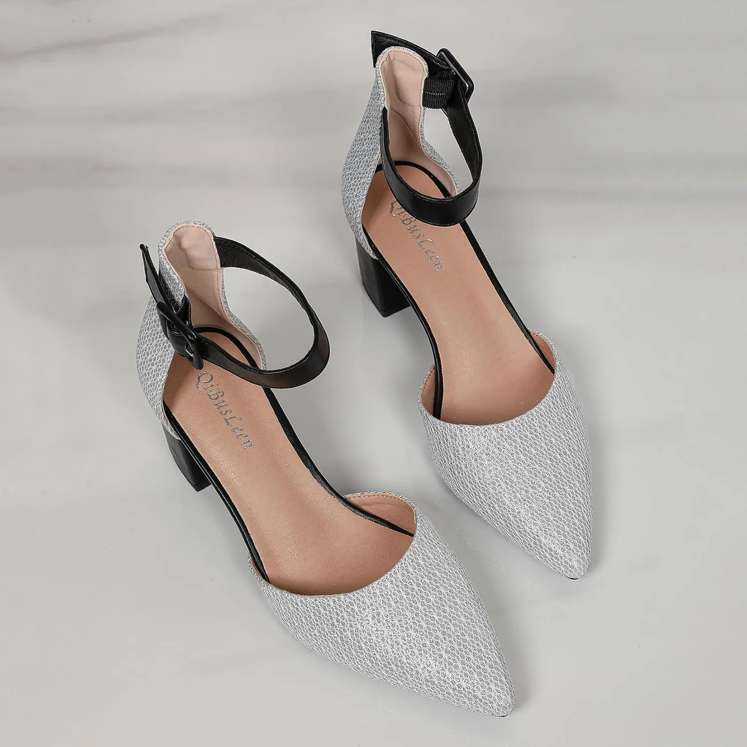 Gold Silver Dress Block Heels for Women Glitter Wedding Shoes for Bride Womens Two Tone Party Dressy Ankle Strap Pumps Closed Pointed Toe Low Thick Sandal Heels