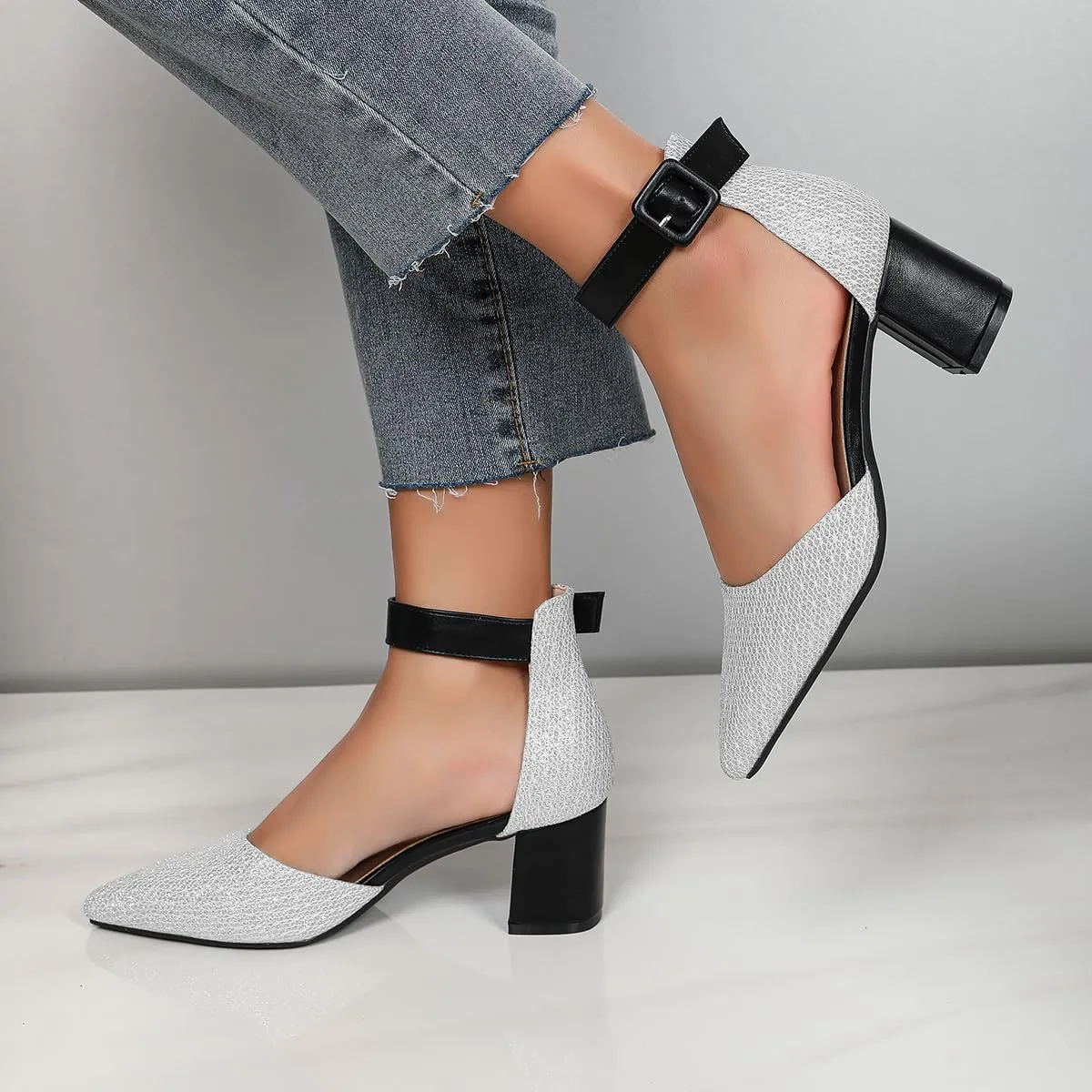 Gold Silver Dress Block Heels for Women Glitter Wedding Shoes for Bride Womens Two Tone Party Dressy Ankle Strap Pumps Closed Pointed Toe Low Thick Sandal Heels
