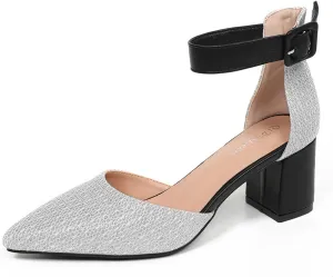 Gold Silver Dress Block Heels for Women Glitter Wedding Shoes for Bride Womens Two Tone Party Dressy Ankle Strap Pumps Closed Pointed Toe Low Thick Sandal Heels