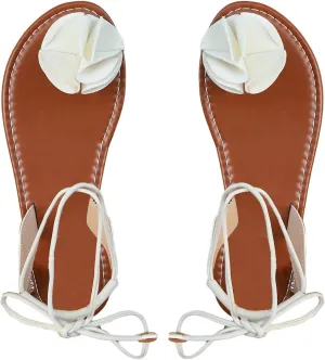 GORGLITTER Women's 3d Floral Lace Up Sandals Toe Strap Flat Sandals Trendy Comfortable Sandals