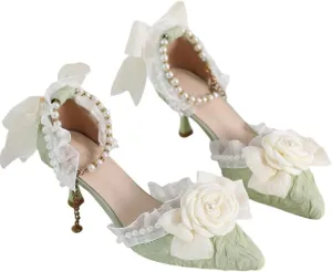 Green Lolita High Stiletto Heels Lace Bow Ankle Strap Pump Heeled Sandals Pointed Toe Pumps Lolita Princess Shoes