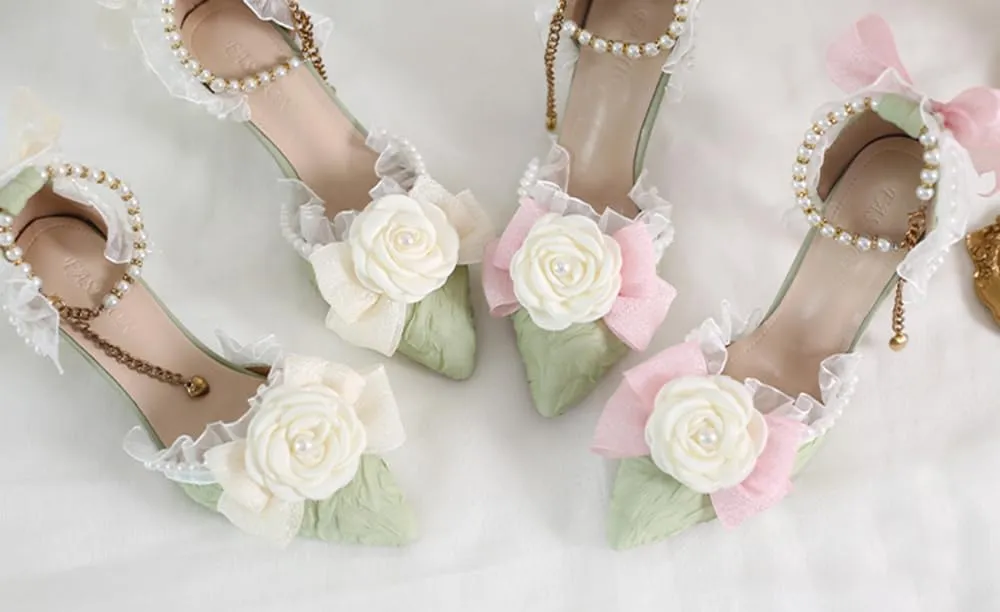 Green Lolita High Stiletto Heels Lace Bow Ankle Strap Pump Heeled Sandals Pointed Toe Pumps Lolita Princess Shoes