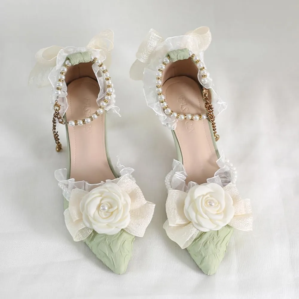 Green Lolita High Stiletto Heels Lace Bow Ankle Strap Pump Heeled Sandals Pointed Toe Pumps Lolita Princess Shoes