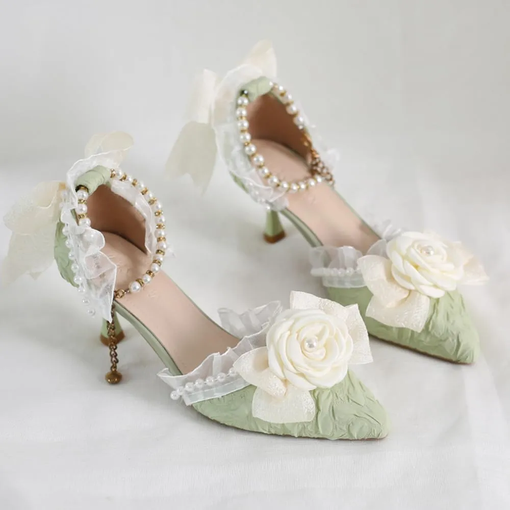 Green Lolita High Stiletto Heels Lace Bow Ankle Strap Pump Heeled Sandals Pointed Toe Pumps Lolita Princess Shoes