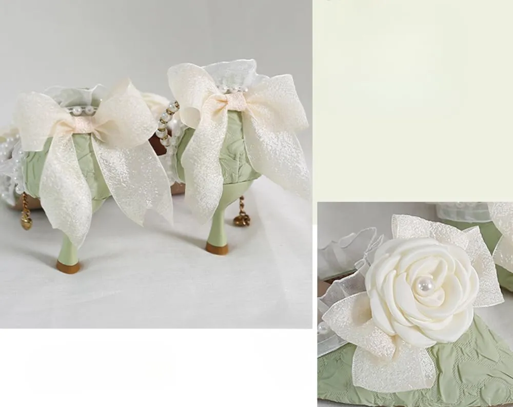 Green Lolita High Stiletto Heels Lace Bow Ankle Strap Pump Heeled Sandals Pointed Toe Pumps Lolita Princess Shoes