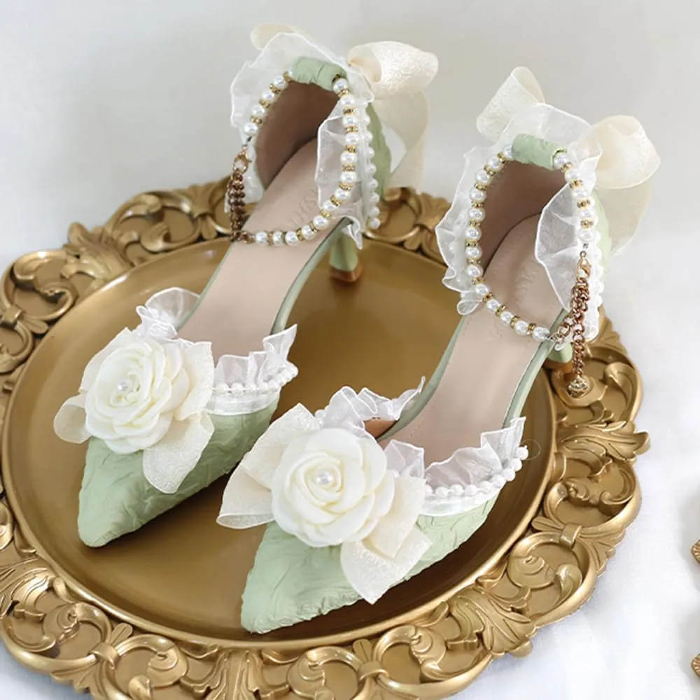 Green Lolita High Stiletto Heels Lace Bow Ankle Strap Pump Heeled Sandals Pointed Toe Pumps Lolita Princess Shoes