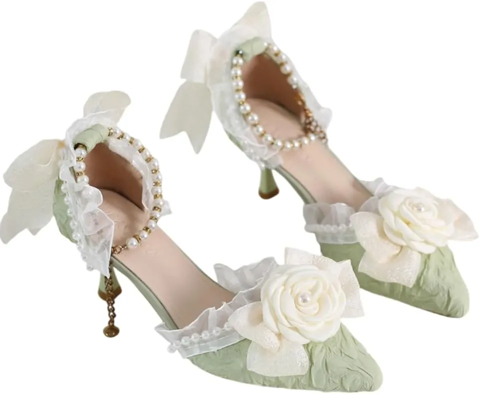 Green Lolita High Stiletto Heels Lace Bow Ankle Strap Pump Heeled Sandals Pointed Toe Pumps Lolita Princess Shoes