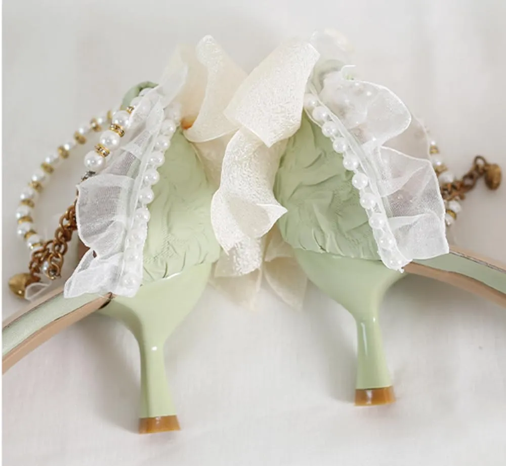 Green Lolita High Stiletto Heels Lace Bow Ankle Strap Pump Heeled Sandals Pointed Toe Pumps Lolita Princess Shoes