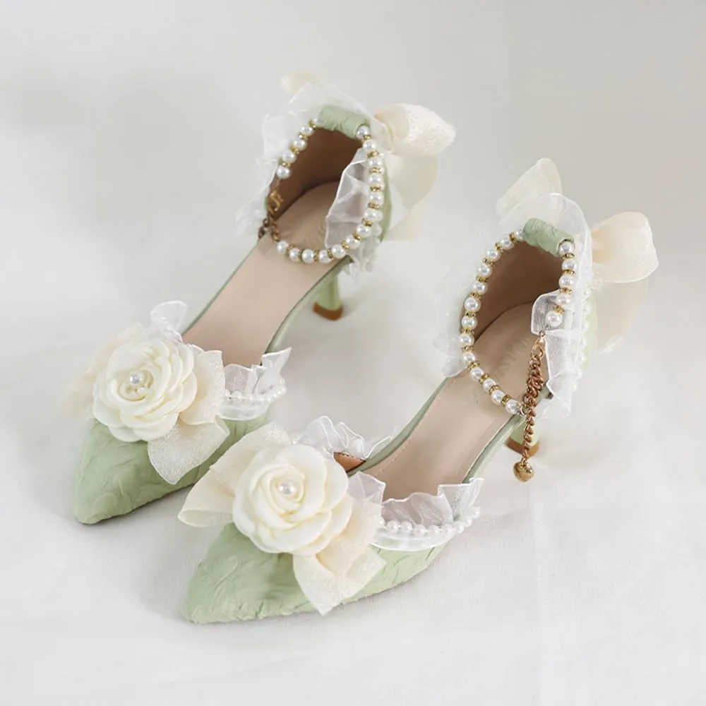 Green Lolita High Stiletto Heels Lace Bow Ankle Strap Pump Heeled Sandals Pointed Toe Pumps Lolita Princess Shoes