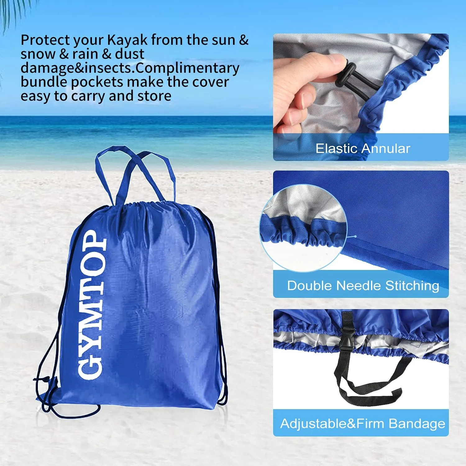 GYMTOP 7.8-18.2ft Waterproof 420D Thickened Kayak Canoe Cover- Outdoor Storage Dust Boat Cover UV Protection Sunblock Shield for Boat/Kayak(Suitable for 9.3-10.7ft Kayak, Dark Blue(420D Thickened))