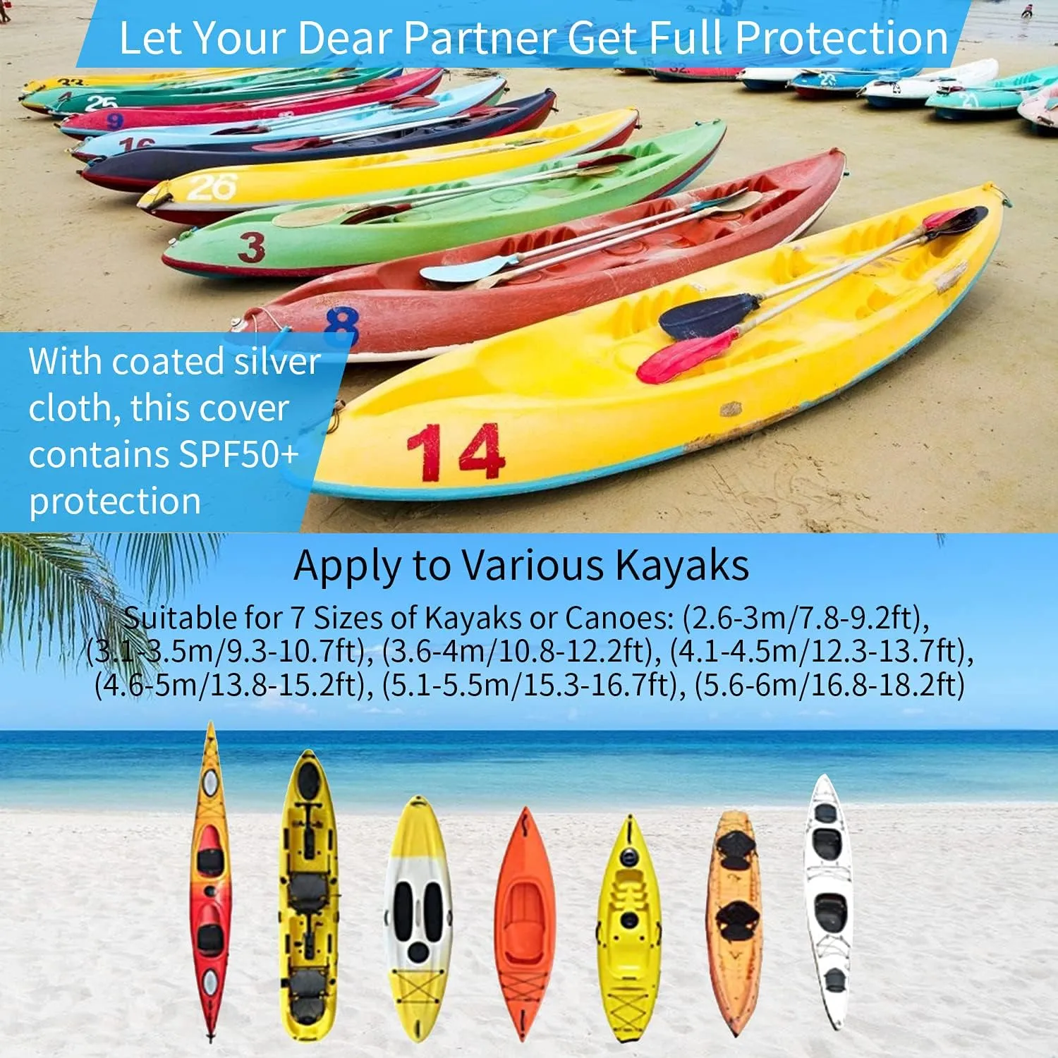 GYMTOP 7.8-18.2ft Waterproof 420D Thickened Kayak Canoe Cover- Outdoor Storage Dust Boat Cover UV Protection Sunblock Shield for Boat/Kayak(Suitable for 9.3-10.7ft Kayak, Dark Blue(420D Thickened))