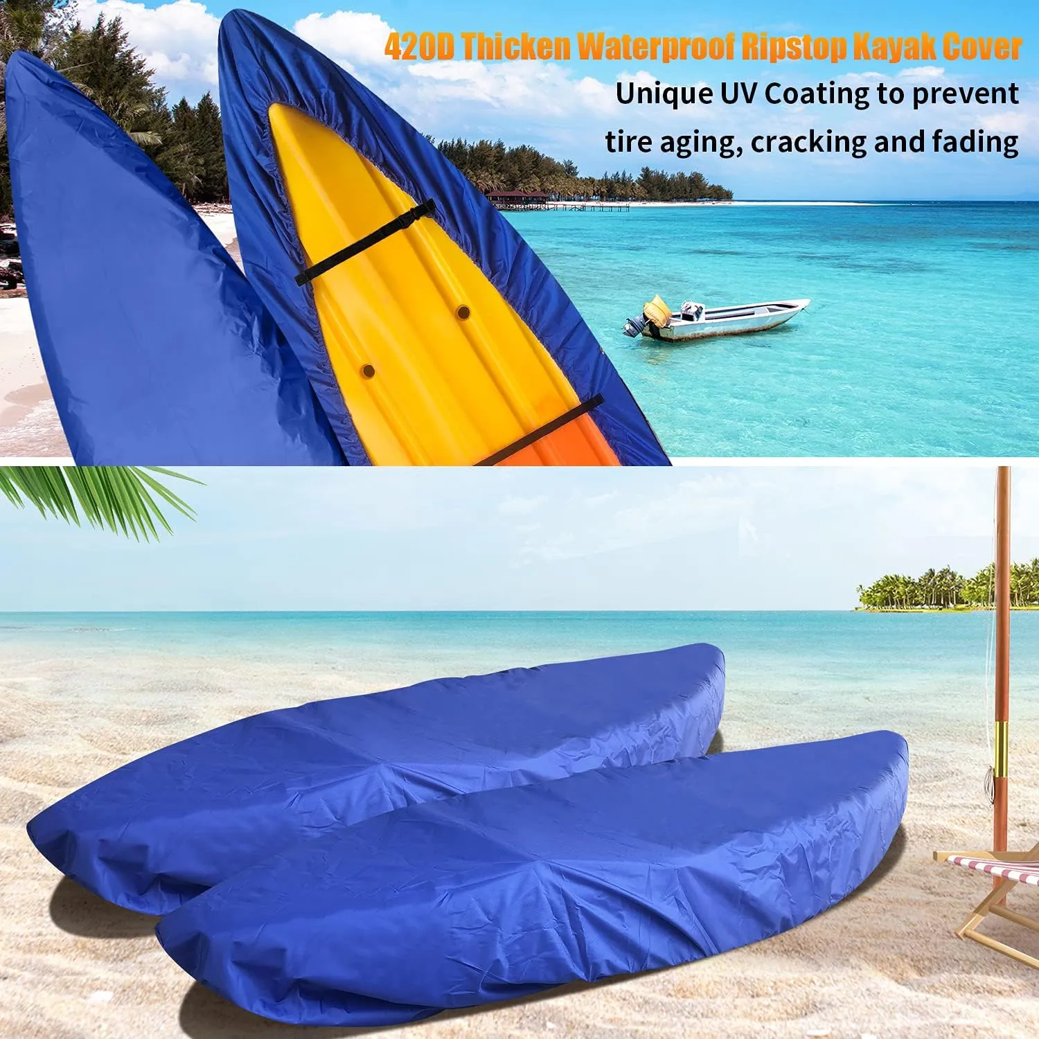 GYMTOP 7.8-18.2ft Waterproof 420D Thickened Kayak Canoe Cover- Outdoor Storage Dust Boat Cover UV Protection Sunblock Shield for Boat/Kayak(Suitable for 9.3-10.7ft Kayak, Dark Blue(420D Thickened))