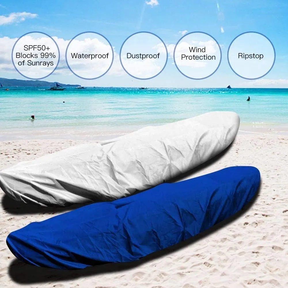 GYMTOP 7.8-18ft Waterproof Kayak Cover - UV Protection Sunblock Shield for Fishing Boat/Kayak/Canoe - 7 Sizes [Light Blue(Upgraded), Suitable for 13.8-15ft Kayak]