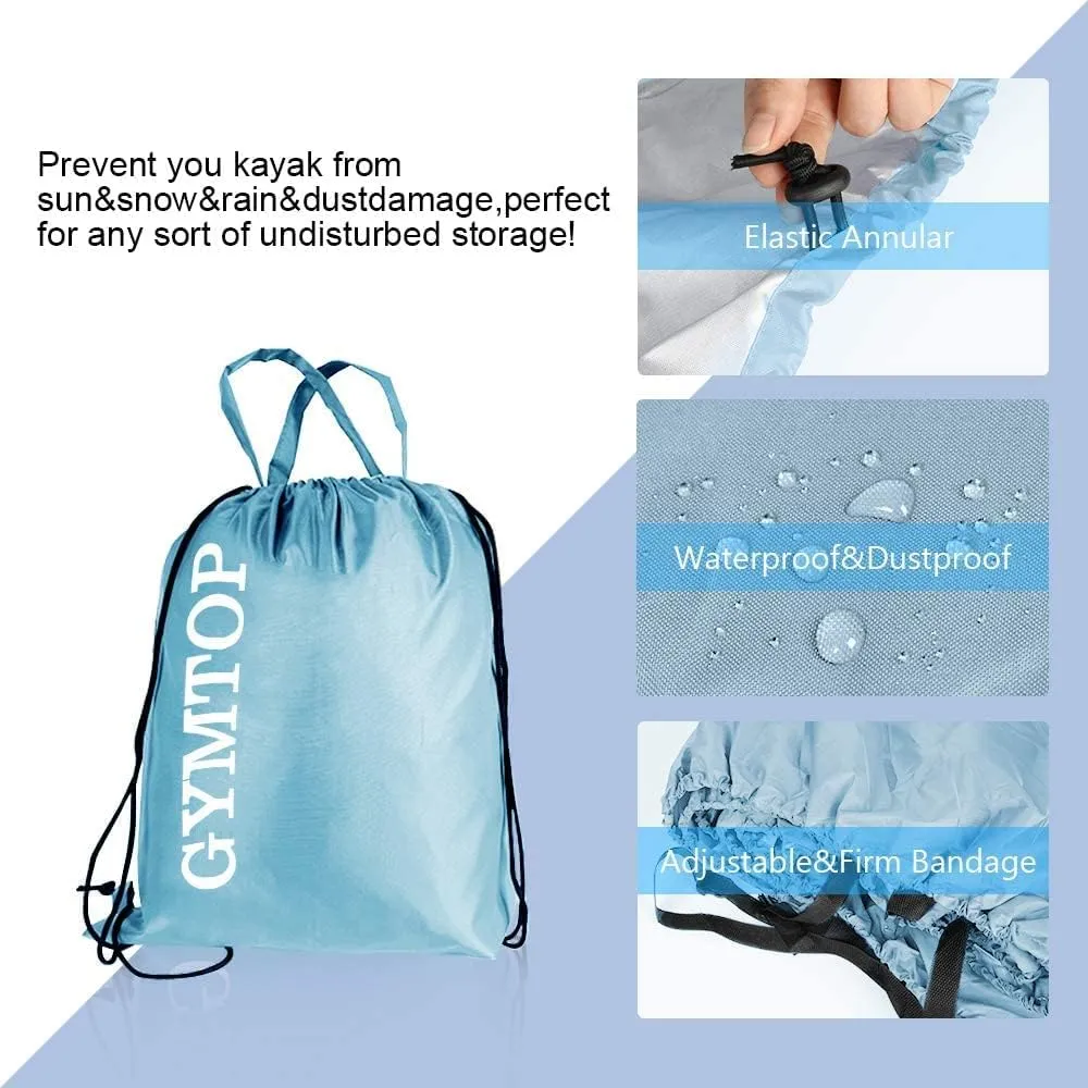 GYMTOP 7.8-18ft Waterproof Kayak Cover - UV Protection Sunblock Shield for Fishing Boat/Kayak/Canoe - 7 Sizes [Light Blue(Upgraded), Suitable for 13.8-15ft Kayak]
