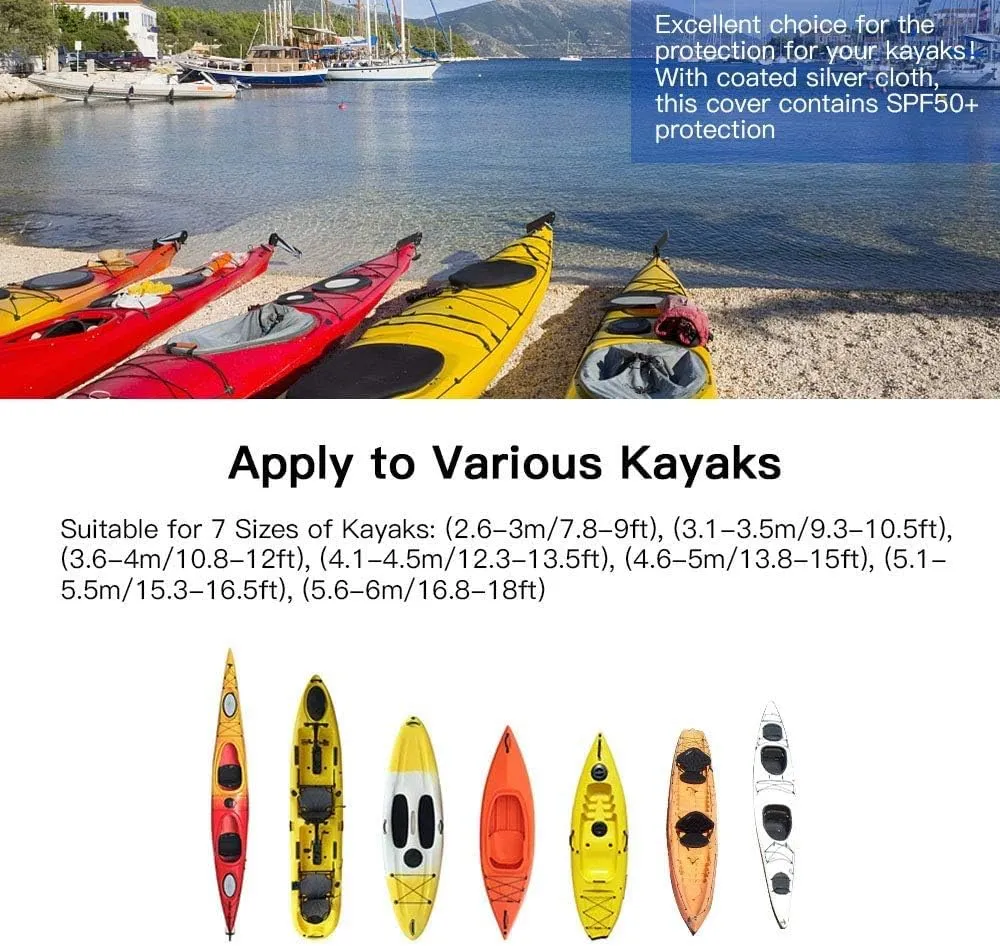 GYMTOP 7.8-18ft Waterproof Kayak Cover - UV Protection Sunblock Shield for Fishing Boat/Kayak/Canoe - 7 Sizes [Light Blue(Upgraded), Suitable for 13.8-15ft Kayak]