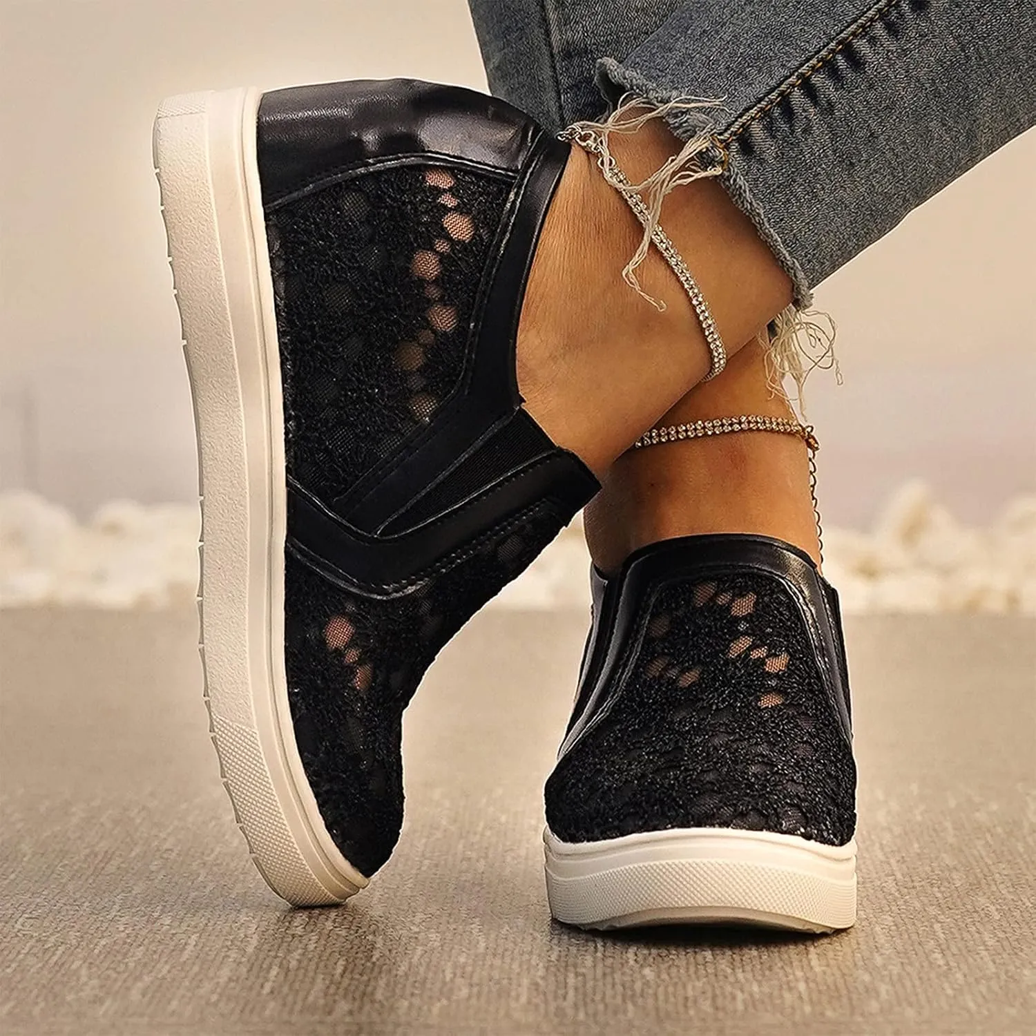Hbeylia Platform Sneakers for Women Lace Mesh Hidden Wedge Sneakers Fashion Floral Slip On Thick Bottom Walking Shoes Lightweight Comfortable Canvas Shoes Loafers
