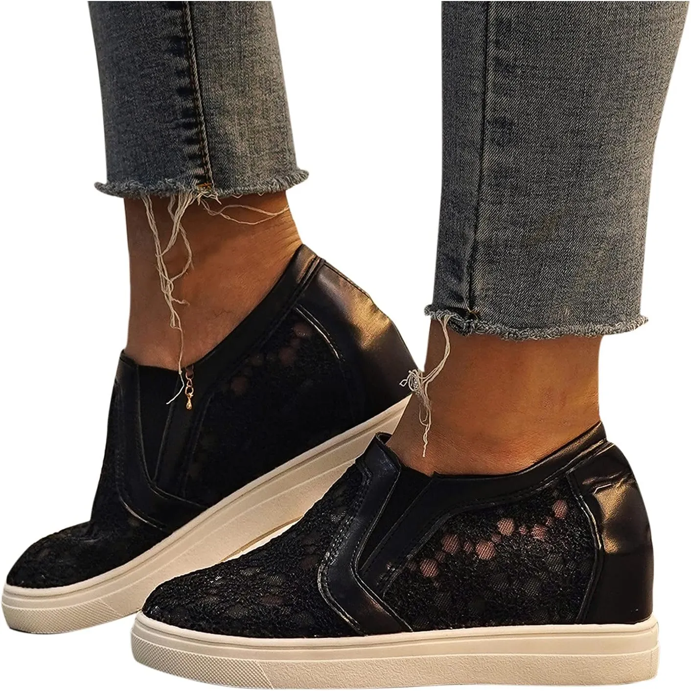 Hbeylia Platform Sneakers for Women Lace Mesh Hidden Wedge Sneakers Fashion Floral Slip On Thick Bottom Walking Shoes Lightweight Comfortable Canvas Shoes Loafers