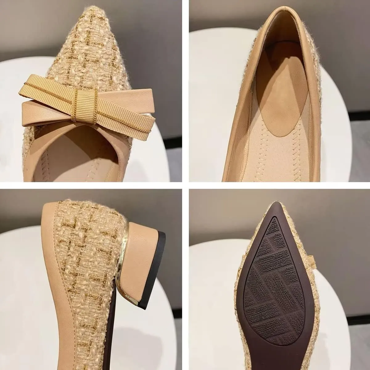 Hee grand Women Pointed Toe Chunky Heels Classic Plaid Bow-Knot Dressy Pump Comfort Low Heels for Work