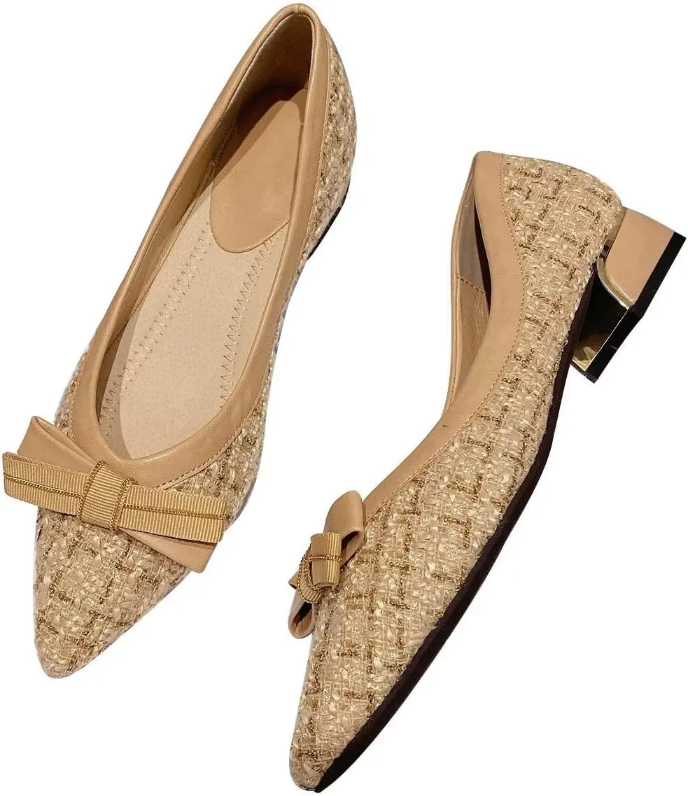 Hee grand Women Pointed Toe Chunky Heels Classic Plaid Bow-Knot Dressy Pump Comfort Low Heels for Work