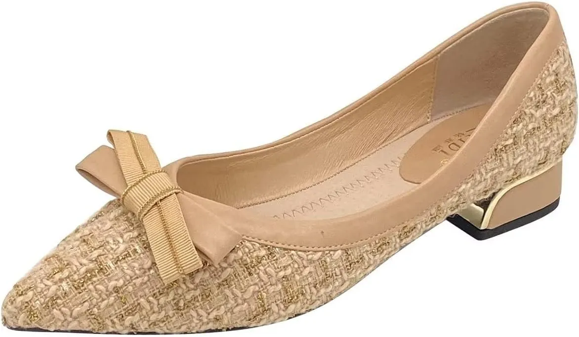 Hee grand Women Pointed Toe Chunky Heels Classic Plaid Bow-Knot Dressy Pump Comfort Low Heels for Work