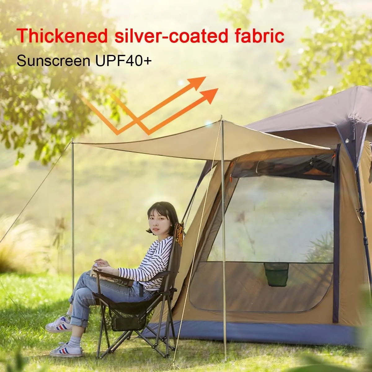 Holiday Tent Camping Tent for Adult Kids 4 Person Family Tent Waterproof, Garden Tent with Hall, Sun Shade, Sun Protection,10 Ground Pegs,6 Rope,2 Poles (Color : Green)