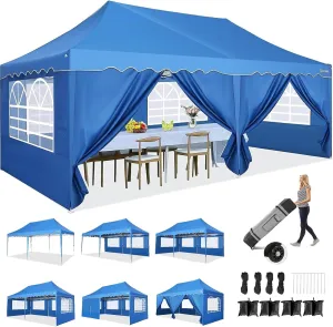 HOTEEL 10x20 Pop Up Canopy Tents for Parties, Outdoor Tent with 6 Sidewalls & Wheeled Bag & 4 Sandbags, Easy Setup for Wedding, Patio Events, Commercial, Party -Waterproof and UV50  Protection, Blue