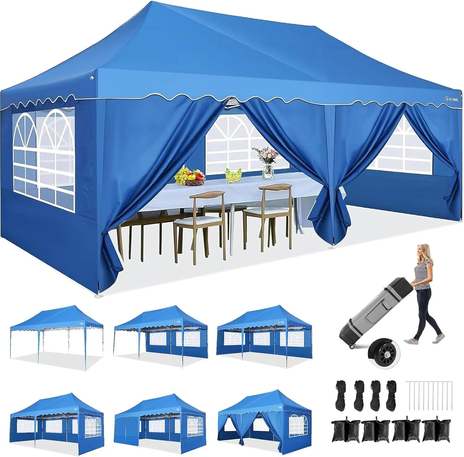 HOTEEL 10x20 Pop Up Canopy Tents for Parties, Outdoor Tent with 6 Sidewalls & Wheeled Bag & 4 Sandbags, Easy Setup for Wedding, Patio Events, Commercial, Party -Waterproof and UV50  Protection, Blue