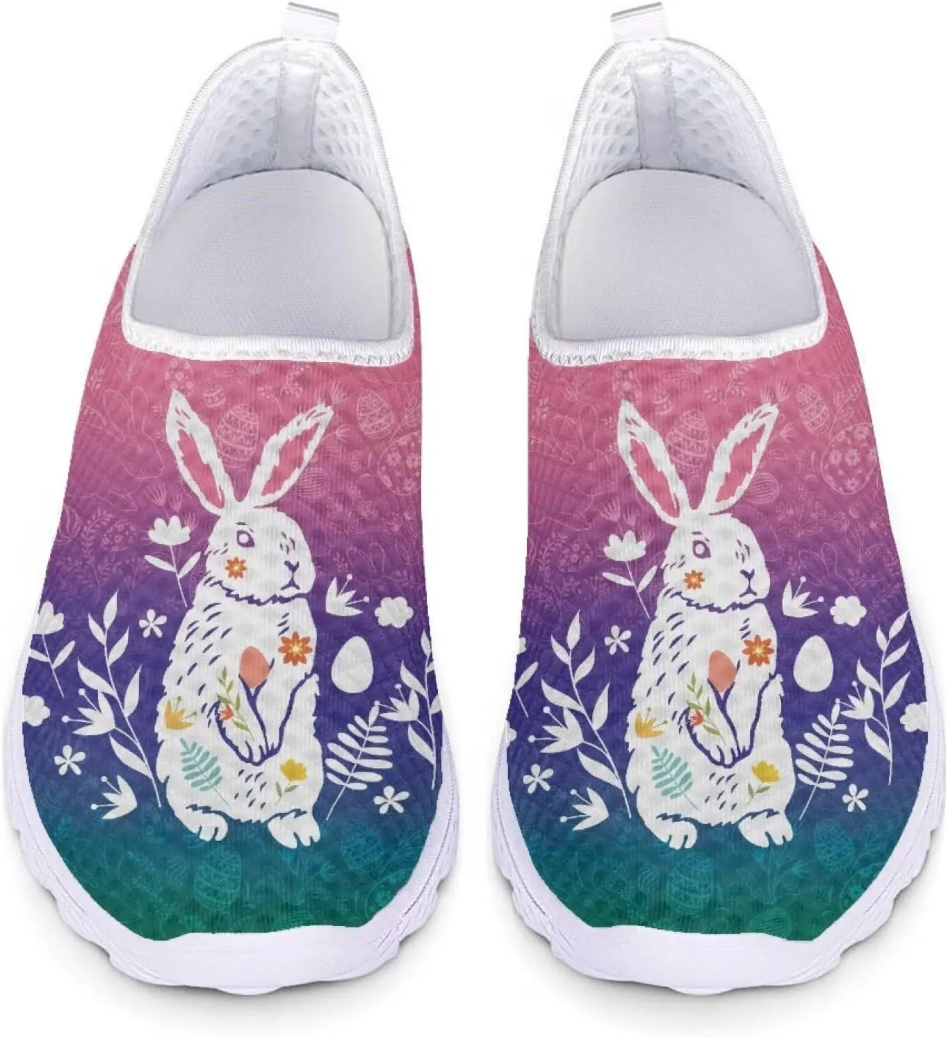 HUIACONG Easter Rabbit Walking Shoes for Women Lightweight Slip On Flat Gradient Ladies Tennis Shoes Size 11.5 Casual Breathable Sneakers Gym Yoga Shoes Loafers Comfy Mesh Running Footwear